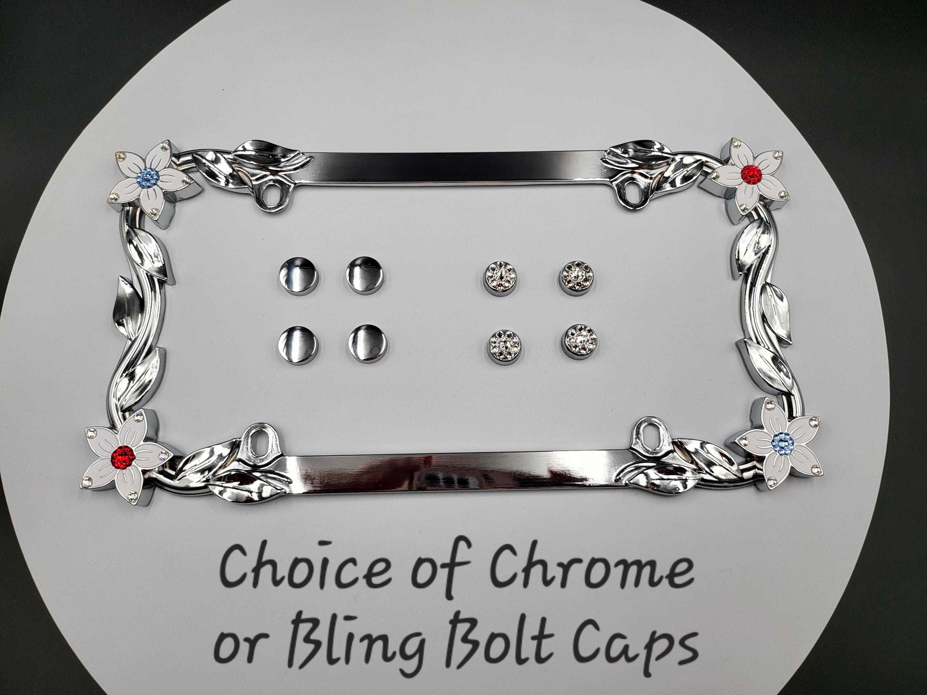 Swarovski Crystal Flower License Plate Frame: Chrome Metal