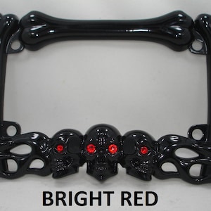 Top Quality Gloss Black Skull Flames Bones Metal MOTORCYCLE Bike License Plate Frame Swarovski Crystal rhinestones hand jeweled eyes