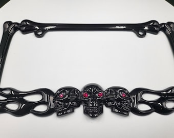 SALE Skull & Flames License Plate Frame: Ruby Rhinestone Eyes, Black Skull Flames and Bones Car License Plate Frame