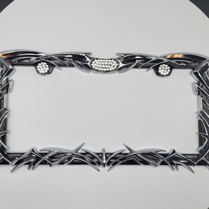 PURE ADRENALINE Black license plate, Chrome license, tribal car plate, punk license plate, Gothic license plate frame, bling car frame, gift