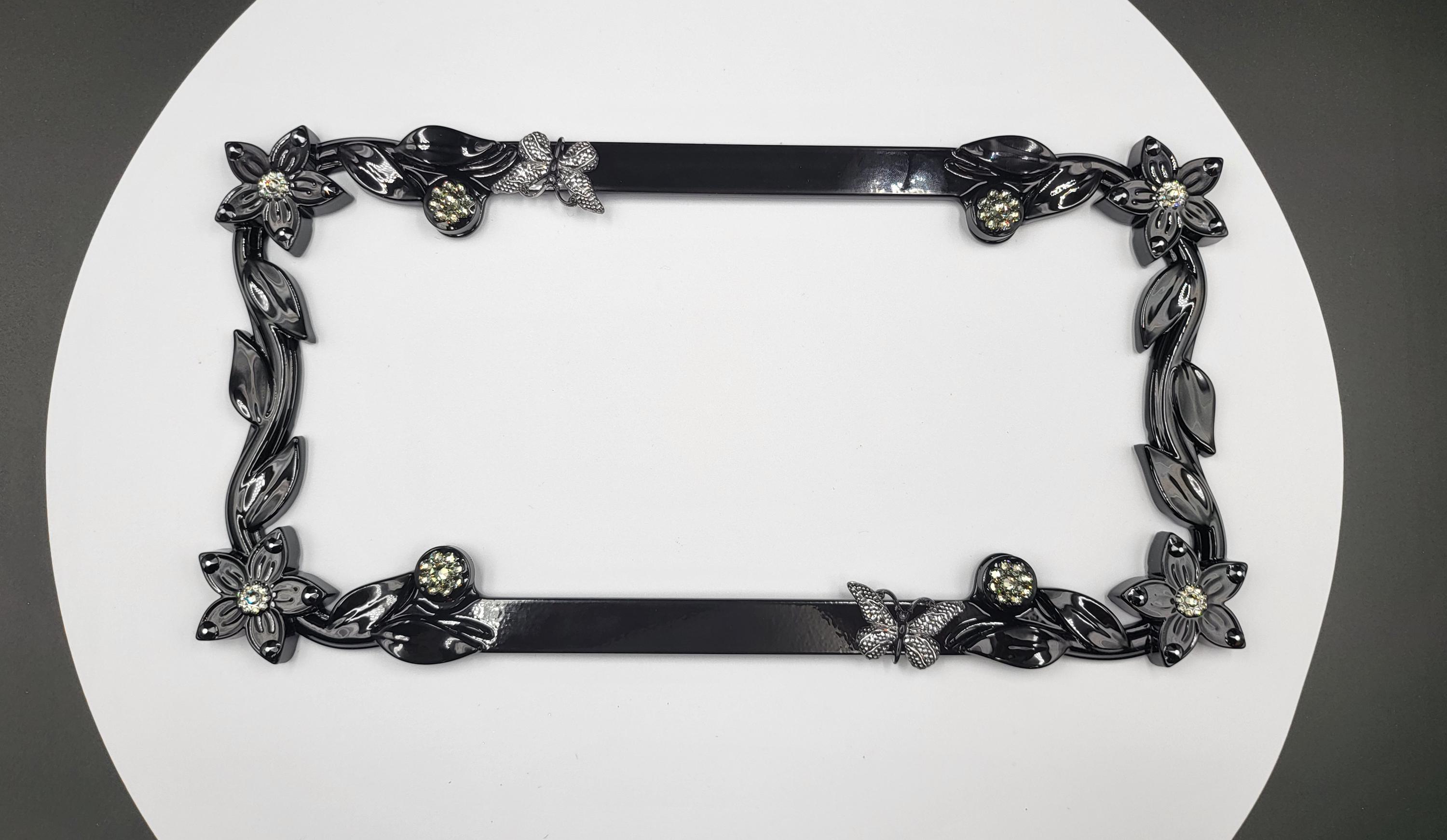 Black Flower License Plate, Butterfly License, Swarovski Car Gift, Rhinestone License Plate Frame, Bling Car Plate Frame, Crystal License