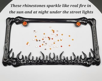 Black car plate, flames and bones, license plate frame, Crystal license plate, bling car frame, fire car license frame, flames car gift