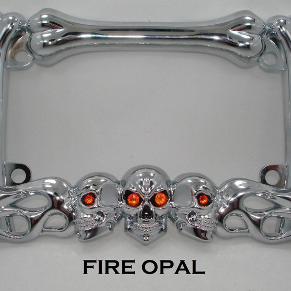 3 Skulls BLING Chrome Metal Flames Bones Motorcycle Biker License Plate Frame w 27 colors Swarovski Crystal Rhinestone Eyes Harley Davidson