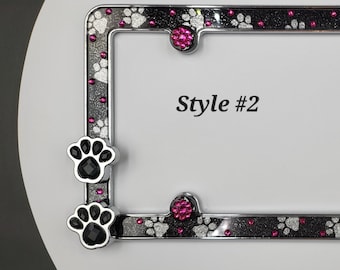 Crystal Rhinestone Paw License Plate Frame: Pet Lover Car Accessory