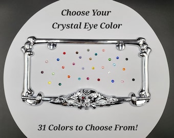 Pirate Car License Plate Frame with Bones & Swords Crystal Bling Eye Avail in 31 Colors Chrome Metal and Glass Rhinestone Sparkling Eye