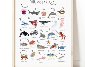 Ocean A-Z Print, Ocean Animals Poster, Nursery Ocean decor, Kids sea life animals print, Nursery Alphabet print, Sea life Print, Cute print