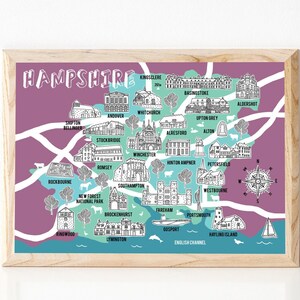Carte du Hampshire, carte illustrée, cadeau du Hampshire, carte du Hampshire, souvenir de carte, cartes dessinées à la main, carte du comté, cartographie, art du Hampshire