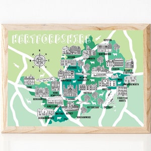 Carte du Hertfordshire, carte illustrée, cadeaux du Hertfordshire, carte du Hertfordshire, Art du Hertfordshire, souvenir de carte, cartes dessinées à la main, carte du comté