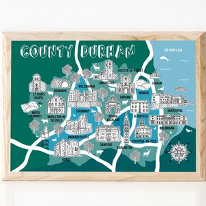 Carte du comté de Durham, carte illustrée, cadeau du comté de Durham, carte de Durham, oeuvre d'art du comté de Durham, souvenir de carte, carte dessinée à la main, carte du comté, nouvelle maison