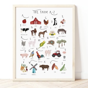 Stampa fattoria dalla A alla Z, poster alfabeto, stampa cose sulla fattoria, arte murale per bambini, poster fattoria per bambini, stampa fattoria, poster animali, arte personalizzata