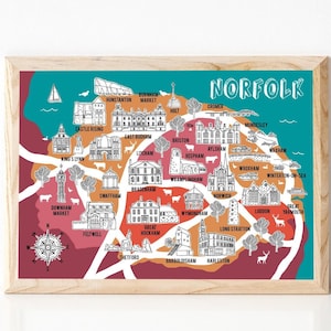 Carte de Norfolk, carte illustrée, cadeau de Norfolk, carte de Norfolk, souvenir de carte, carte dessinée à la main, carte de comté, cartographie, art de Norfolk, cartes britanniques