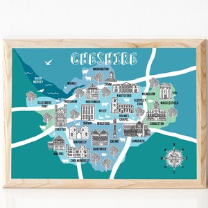 Carte du Cheshire, cadeaux du Cheshire, illustration de carte, carte du comté, cadeau de carte, art du Cheshire, Cheshire, nouveau cadeau pour la maison, carte dessinée à la main, carte faite main