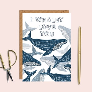 Te amo mucho, tarjeta de aniversario, tarjeta romántica divertida, tarjeta de amor de ballenas, tarjeta de juego de palabras de ballenas, tarjeta romántica, linda tarjeta de ballenas, San Valentín