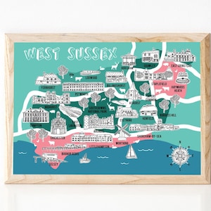 Carte du West Sussex, carte illustrée, cadeaux du West Sussex, carte du West Sussex, art du West Sussex, souvenir de carte, cartes dessinées à la main, carte du comté, Sussex