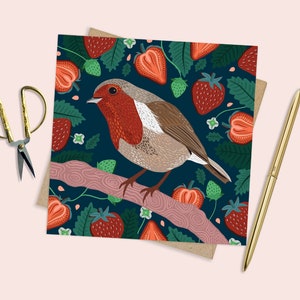 Robin-Karte, bunte Vogel-Karte, Vogel-Karte, Natur-Karte, jede Gelegenheit Karte, Vogel-Geschenk, Robin und Erdbeeren Karte, Vogel-Kunst-Karte, Robin Kunst