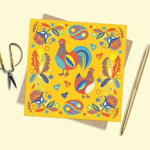 Carte folklorique de poulets, art folklorique, carte de voeux lumineuse et colorée, carte de poulet, illustration de poulet, carte d’occasion d’anniversaire, carte de scandi