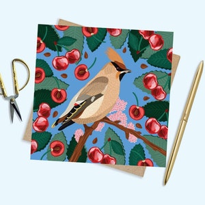 Wachsflügel-Karte, Vogel-Karte, Natur-Liebhaber-Karte, Karte für jeden Anlass, Wachsflügel und Kirschen, schöne Vogel-Karte, Vogel-Liebhaber-Karte, bunte Kunst