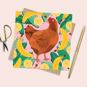 Carte poulet, carte oiseau, cadeau poulet original, art poulet, carte amateurs de poulet, cadeau oiseau, cadeau banane, art pour amoureux des animaux, j'aime les poulets