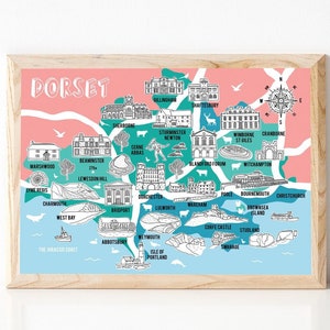 Mappa del Dorset, mappa illustrata, regalo del Dorset, mappa del Dorset, arte del Dorset, souvenir della mappa, mappe disegnate a mano, mappa della contea, mappe del sud-ovest, cartografia