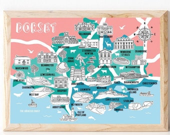 Dorset Map, Illustrated Map, Dorset Gift, Map of Dorset, Dorset Art, Map Souvenir, Hand drawn maps, County Map, South West Maps, Cartography