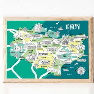 Carte du Kent, carte illustrée, cadeaux du Kent, carte du Kent, oeuvre d'art du Kent, souvenir de carte, cartes dessinées à la main, carte du comté, Kent, cadeau pour une nouvelle maison, cadeaux de lieu