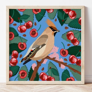 Waxwing Print, Wild Bird print, Quirky Bird art, Waxwing Bird art, Bird poster, wall art, home decor, gifts, animal lovers art, Birds Poster image 1