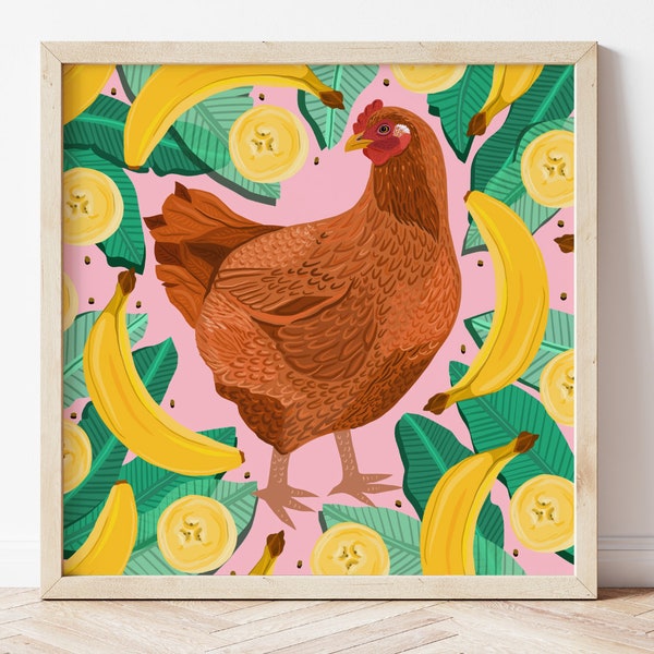 Chicken Print, Wildlife print, Quirky chicken art, Chickens & banana art, Chicken poster, wall art, home decor, gifts, animal lovers art