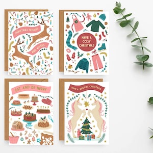 Gold folierte Weihnachtskarten 4er Set, süße Weihnachtskarten, wunderliche Weihnachtskarten, Weihnachtskartenpaket, illustrierte Weihnachtskartenpaket