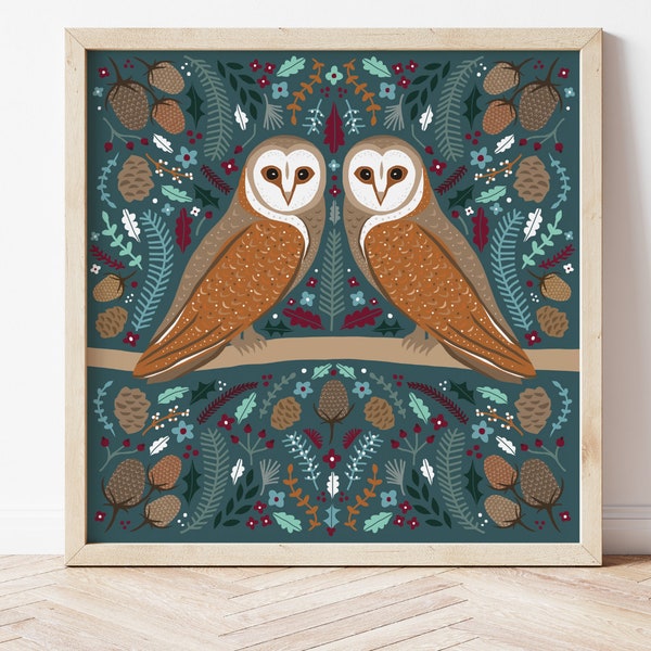 Owls print, woodland print, nature lovers poster, bird art, owl gift, owl illustration, forest and woodland gifts, folk art, owl art print