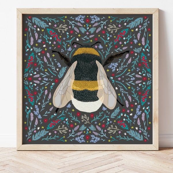 Bumble bee print, insect folk art, nature poster, save the bees, bumble bee gifts, bee keeping print, folk art, bumble bee art, nature gift
