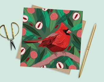 Cardinal Card, Bird Card, Quirky Bird art, Red Bird art, Bird Lover Card, Bird Gift, Cardinal Gift, Animal lovers art, Cardinal good luck