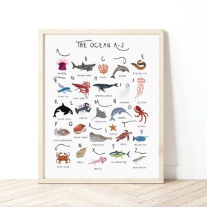 Ocean A-Z Print, Ocean Animals Poster, Nursery Ocean decor, Kids sea life animals print, Nursery Alphabet print, Sea life Print, Cute print