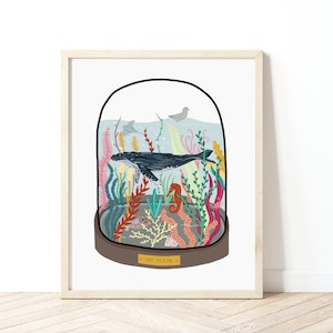 Ocean Bell Jar Illustration, Süßer maritimer Druck, Ozean Poster, Wal Poster, Unter dem Meer Poster, Meeresleben Druck, Meer Poster