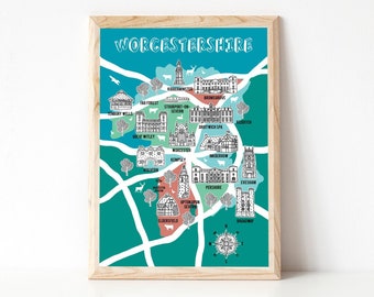 Worcestershire Map, Illustrated Map, Worcestershire Gift, County Map, Map gift, Worcester Art, Hand drawn map, house gift, Map of Worcester