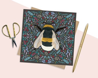 Bumble bee greetings card, insect folk card, nature card, save the bees, bumble bee gifts, bee keeping card, folk art card