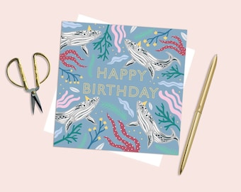 Happy Birthday Card, Whale Birthday card, Whale card, Cute birthday card, Gold foiled Birthday card, Whales gift, Colourful card, Birthday
