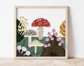Fungi Print, Woodland Mushroom Print, Mushrooms Botanical Print, Rustic Kitchen Decor, Fungi Illustration, Botanical Art, New Home Gift
