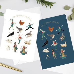 Tarjeta de los 12 días de Navidad, Tarjeta navideña clásica, Tarjeta navideña ilustrada, 12 días de Navidad, Paquete de tarjetas, Tarjetas navideñas lindas