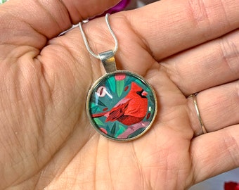 Cardinal Pendant, Bird Necklace, Bird Jewellery, Nature Necklace, Cardinal Necklace, Bird Gift, Animal Jewellery, Illustrated Bird Necklace