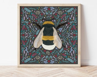 Bumble bee print, insect folk art, nature poster, save the bees, bumble bee gifts, bee keeping print, folk art, bumble bee art, nature gift