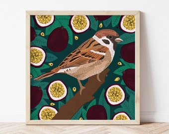 Sparrow Print, Bird print, Quirky Bird art, Sparrow Bird art, Bird poster, wall art, home decor, gifts, animal lovers art, Sparrow Poster