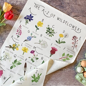 A-Z of Wildflowers Tea towel, Floral tea towel, Spring flowers tea towel, Wildflowers tea towel, Kitchen gift, Illustrated tea towel, Floral