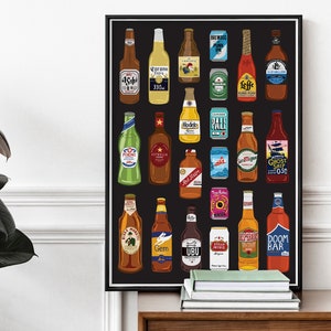ビール瓶のプリント、ビール愛好家へのギフト、新築祝い、ビール瓶と缶、キッチンプリント、ビールアート、ボトルポスター、フードアート、彼へのギフト