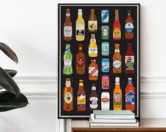 Beer Bottles Print, Beer lovers gift, New home gift, Beer bottles and cans, Kitchen print, Beer art, Bottles poster, food art, gifts for him
