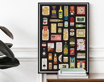 Italian Larder Print, Italian food print, Food packaging poster, kitchen home art, Italian cooking print, Cooking poster, Food poster art