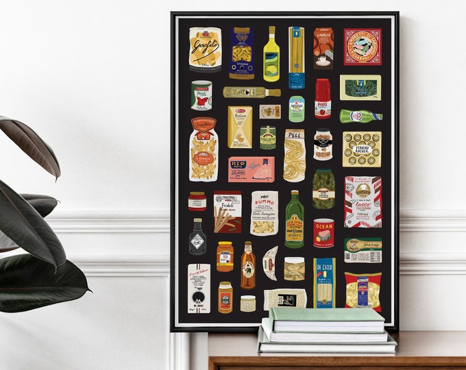 Italian Larder Print, Italian food print, Food packaging poster, kitchen home art, Italian cooking print, Cooking poster, Food poster art