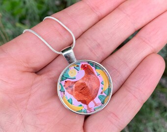 Chicken Necklace Pendant, Chicken Jewellery, Folk Art Necklace, Chicken Necklace, Chicken gift, Nature Pendant, Illustrated Necklace, Birds