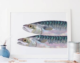 Mackerel Illustration, seaside Illustration, Marine Drawing, Seaside Art, Home Decor, Fish print, Seaside Print, Fish Print, Beach Art, Fish