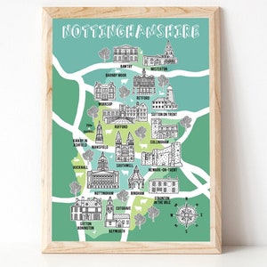Mapa de Nottinghamshire, Mapa ilustrado, Regalos de Nottinghamshire, Mapa de Nottinghamshire, Arte de Nottinghamshire, Mapa de recuerdo, Regalo de mapa del condado