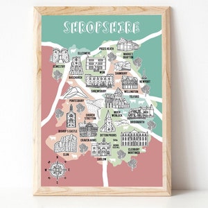 Carte du Shropshire, carte illustrée, cadeaux du Shropshire, carte du Shropshire, art du Shropshire, souvenir de carte, carte dessinée à la main, carte du comté, art de la maison